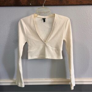 wild fable Cream Ribbed V-Neck Cropped Long Sleeve Top